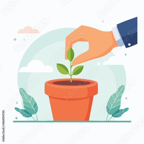 Business Hand Planting Young Sprout In Pot
