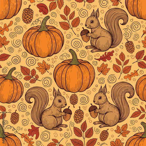 Seamless Pattern, Fall seamless pattern featuring pumpkins, squirrels, and autumn leaves illustration Stock royalty free