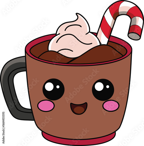 Cute Kawaii Hot Chocolate Mug with Candy Cane and Whipped Cream