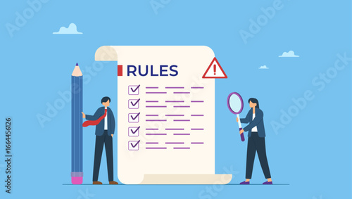 Businessman finish writing rules and regulations document. Rules and regulations, policy and guideline for employee to follow, legal term, corporate compliance or laws, standard procedure.