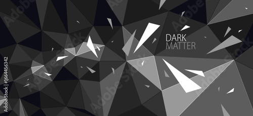 Dark low poly vector abstract background, black monochrome greyscale polygonal abstraction with decay motion of flying particles, 3D dynamic art.