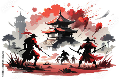 A dynamic illustration depicting a clash between samurai warriors in a dramatic, watercolor-style setting.