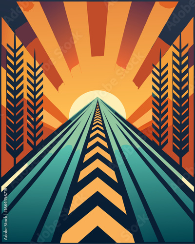Retro Futuristic Landscape with Sunrise and Geometric Patterns in Vibrant Colors
