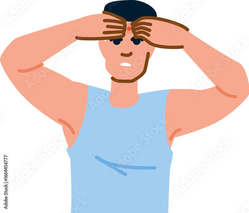 Young man touching pimple on forehead, skin problem and acne treatment