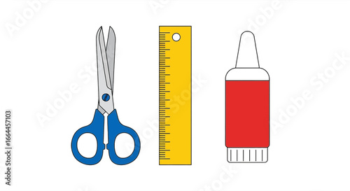 Essential school supplies scissors ruler glue stick for creative projects and learning adventures.