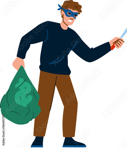 Masked thief escaping with stolen money bag and knife