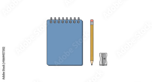 Essential stationery set a blue notebook, yellow pencil, and sharpener for creative tasks and organized planning