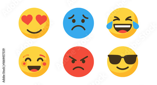 Expressive emoji faces showcase emotions from joy and love to sadness and anger, perfect for communication.