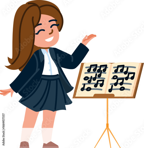 Young choir director leading music rehearsal with score on music stand