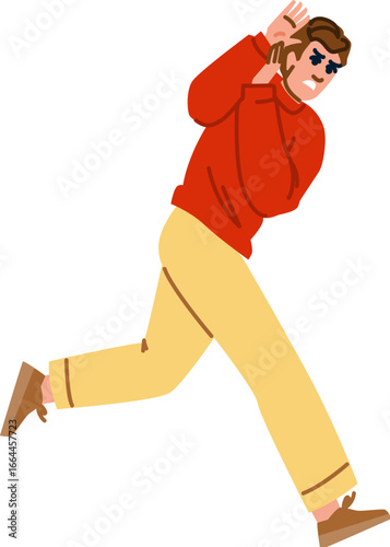 Man running away covering his ears protecting himself from noise
