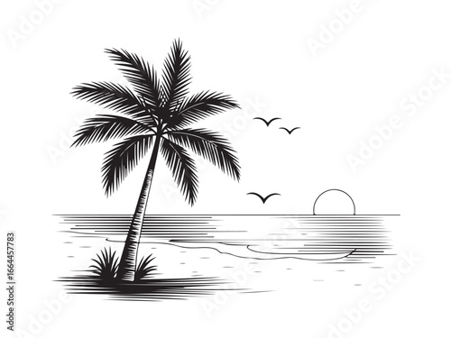 palm trees on the beach engraving outline vector art illustration design, palm tree silhouette, hand drawn beach drawing, line art palm tree, sea, beach, summer view, vintage palm tree on sea beach.