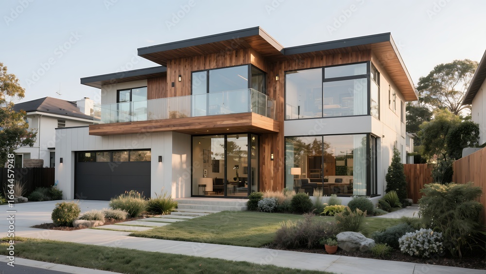 Fototapeta premium Modern Two-story House with Large Glass Windows and Wooden Accents in Suburban Neighborhood