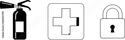 Essential safety icons fire extinguisher medical cross and security padlock symbolize protection preparedness and trust