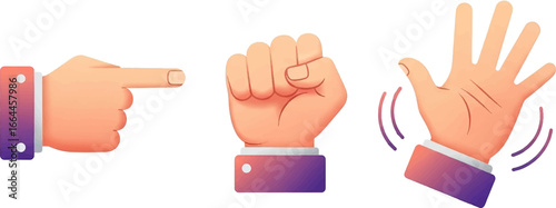 Dynamic hand gestures including pointing, fist, and waving convey clear communication and action for business or lifestyle concepts.