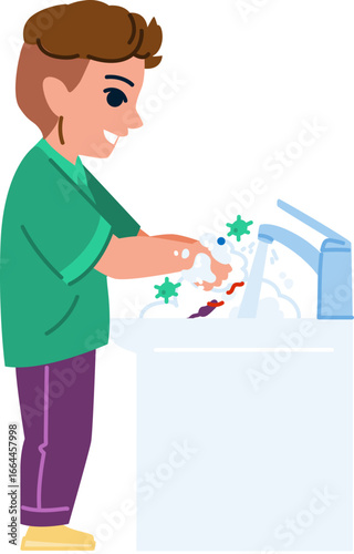 Boy washing hands with soap and water, eliminating viruses and germs