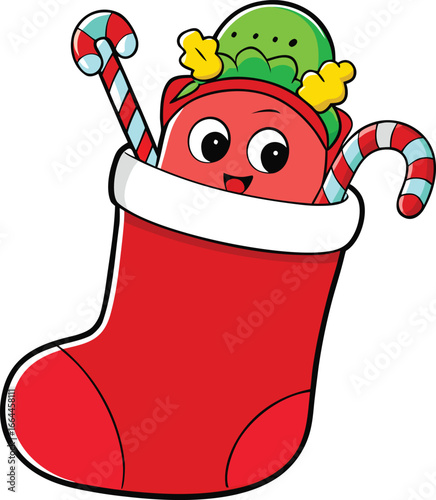Bright Red Christmas Stocking Filled With Candy Canes and Festive Items