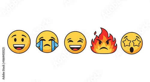 Expressive emoji faces capturing joy, sorrow, laughter, anger, and amazement for dynamic communication