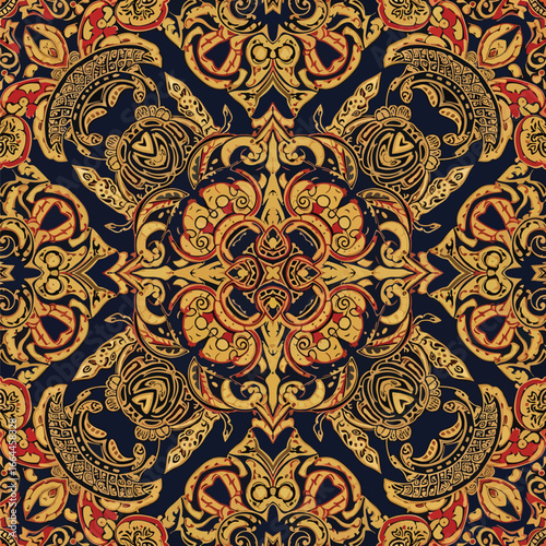 Seamless Pattern, Intricate ornamental pattern with floral elements in gold, red, and navy hues Stock royalty free