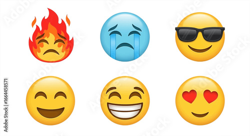 Expressive emoji collection captures emotions from joy and love to sadness and feeling the heat