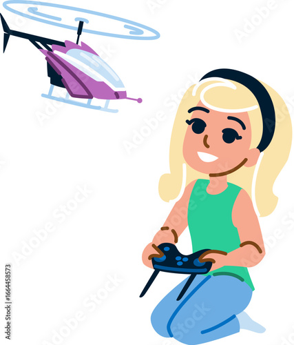Girl piloting drone helicopter using remote controller
