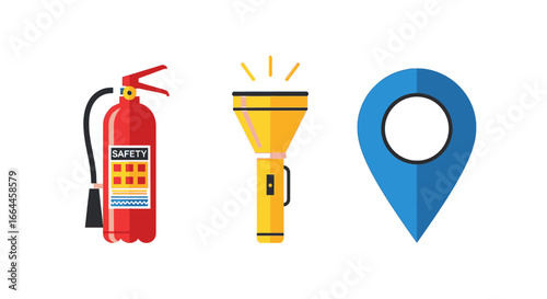 Essential safety tools a fire extinguisher flashlight and location pin for emergency preparedness and navigation