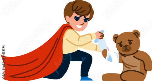 Young boy pretending to be doctor healing teddy bear