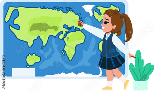 Schoolgirl pointing at europe on a world map during geography lesson
