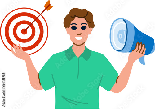 Marketing manager holding megaphone and target with arrow