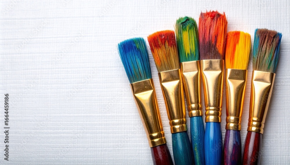 Fototapeta premium Five paintbrushes dipped in vibrant colors on white background.