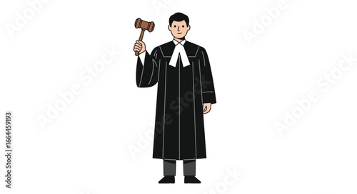 Judge in Robes Holding Gavel: Courtroom Illustration