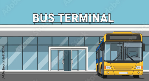 Bus Terminal with Yellow Bus and Modern Architecture