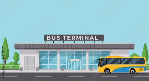 Bus Terminal with Yellow Bus and Modern Architecture