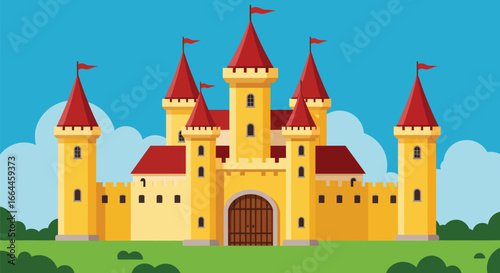 Fantasy Castle with Towers and Flags