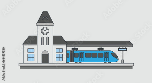 Train Station with Clock Tower: Railway Station Illustration