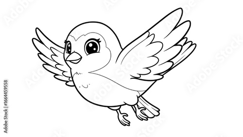 bird illustration in flight line art black white playful whimsical animal drawing for kids coloring page childrens book educational material design