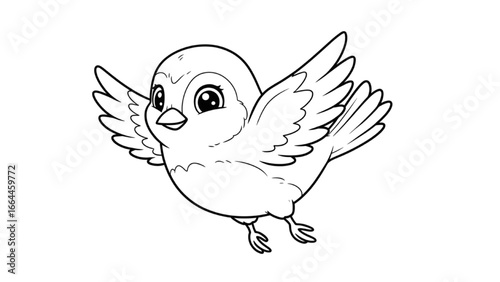 bird illustration in flight line art black white playful whimsical animal drawing for kids coloring page childrens book educational material design