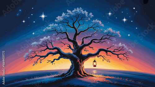 Digital painting of a solitary ancient oak tree