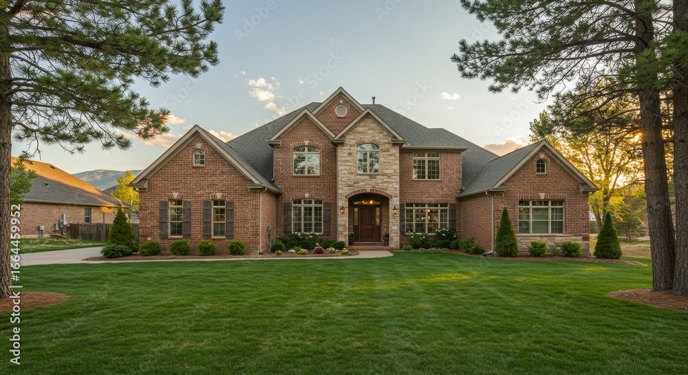 Obraz premium Elegant Two-Story Brick and Stone House with Symmetrical Design and Sunset Light