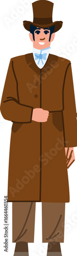 Gentleman wearing top hat and brown coat posing elegantly