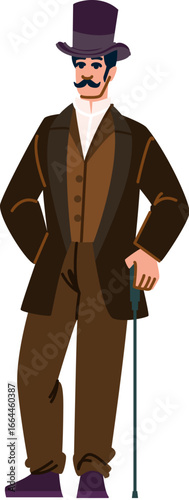 Elegant gentleman wearing top hat and holding cane posing in victorian era style