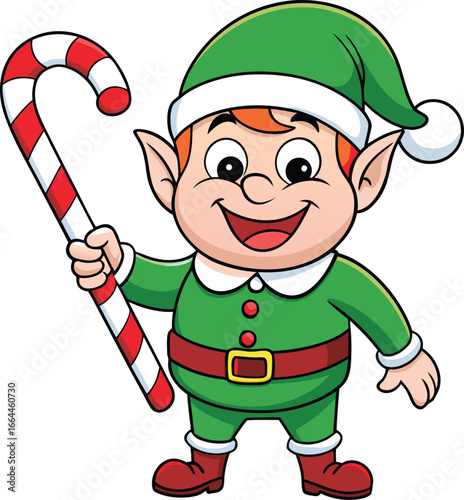Cartoon Christmas Elf Holding Candy Cane in Green Costume and Red Shoes