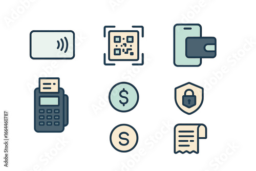 Digital Payment and Finance Transaction Icons, Minimalist flat design
