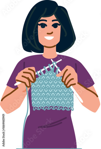 Woman knitting a turquoise sweater with white needles and turquoise yarn