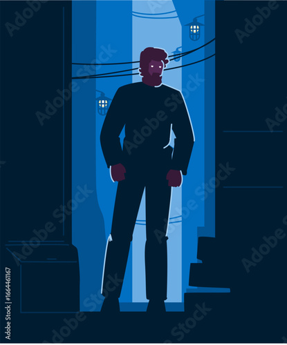 Bearded man standing at night in dark alley with hanging lights