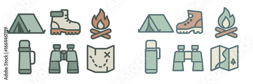 Camping and Hiking Gear Icons Set, Minimalist flat design