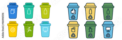 Recycling Bins with Waste Symbols, Minimalist flat design