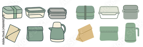 Lunch Boxes and Thermos Assortment, Minimalist flat design