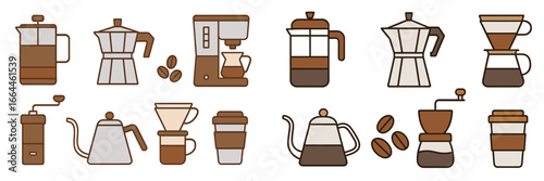 Coffee Brewing Tools Collection, Minimalist flat design