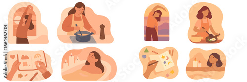 Woman Daily Routine Self-Care Activities, Minimalist flat design