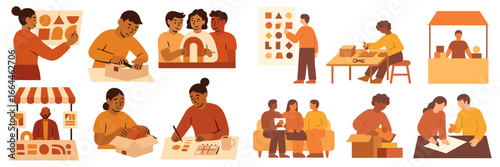 Diverse people engaged in learning, packing, and collaboration